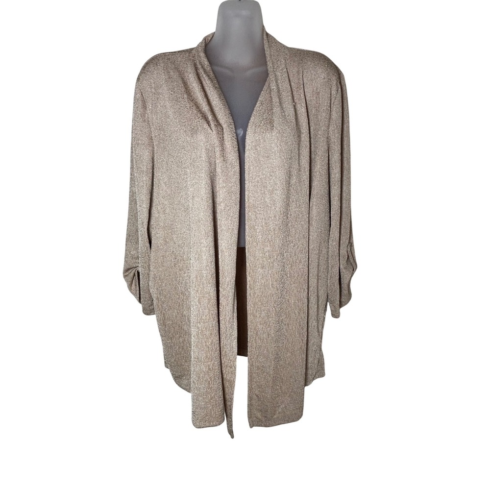 Kasper Womens 2X Soft Sand Metallic Open Front Cardigan Shimmer Tab Sleeve NWT